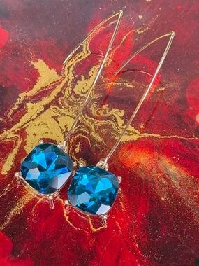 Gold Dangle Earrings Blue Crystal Drop Elegant Statement Jewelry